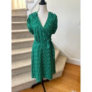 EShakti Emerald Green Fox Print Shirred Sleeve Wrap Midi Dress